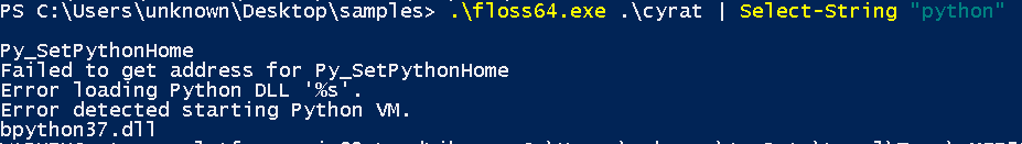 FLOSS output showing Python strings